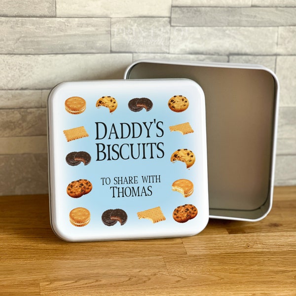 White Square Personalised Biscuit Tin, Tin for Cakes and Biscuits, Gift for him, Blue border Biscuits Dad Grandad Fathers Dad Birthday