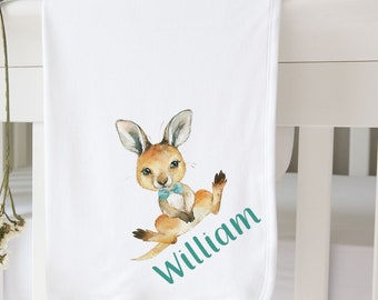Personalised White Cotton Super Soft Baby Crib Pram Blanket - kangeroo boy