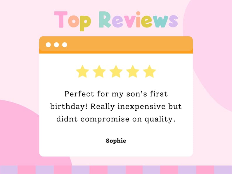 The image is a screenshot of a webpage with a review section. The review section contains a rating of 5 stars and a message about a birthday celebration. The review says that the celebration was really inexpensive but didn't compromise on quality. The name "Sophie" is mentioned in the review.