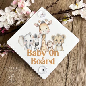Safari Baby On Board Sign | Metal Animal Car Sign 15x15cm | Giraffe, Lion, Elephant, Zebra, Monkey | Cute Baby Safety Plaque