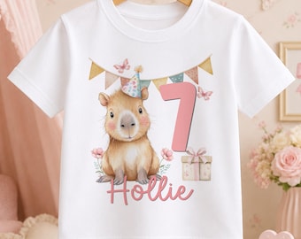 Personalised Capybara Birthday T-Shirt for Girls, Cute Animal Party Shirt with Name and Age, Capybara Gift Idea (Ages 1–10)