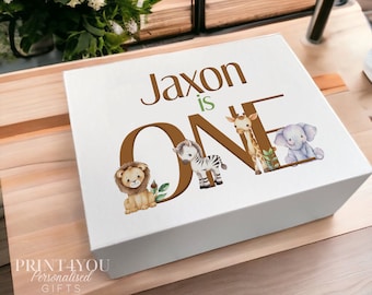 Personalised Baby's First Keepsake Box: White Sturdy Card with Magnetic Closure - Jungle Safari I am ONE