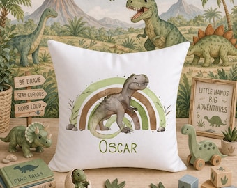Personalised Dinosaur Rainbow Cushion Custom Name Dino Pillow Kids Bedroom Decor Boys Nursery Gift T Rex Cushion Cover