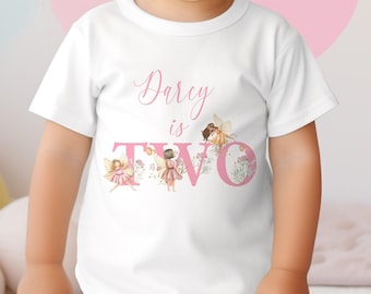 Personalised Girls Fairy Birthday T-Shirt Age Two - Cotton White Top, Pink Fairies theme, second birthday