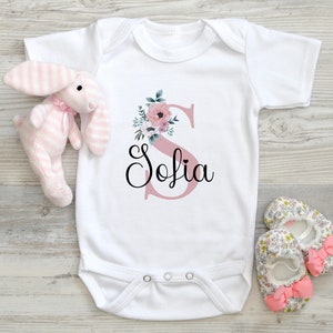 Personalised Baby Girls sleepsuit, bib and vest, New Baby Gift Set, Pink floral initial Letter and name