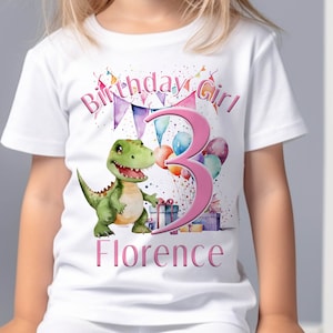 Personalised Girls T-rex Dinosaur Birthday T-Shirt ANY AGE - Cotton White Top, Any Age, Dino Trex Party Top