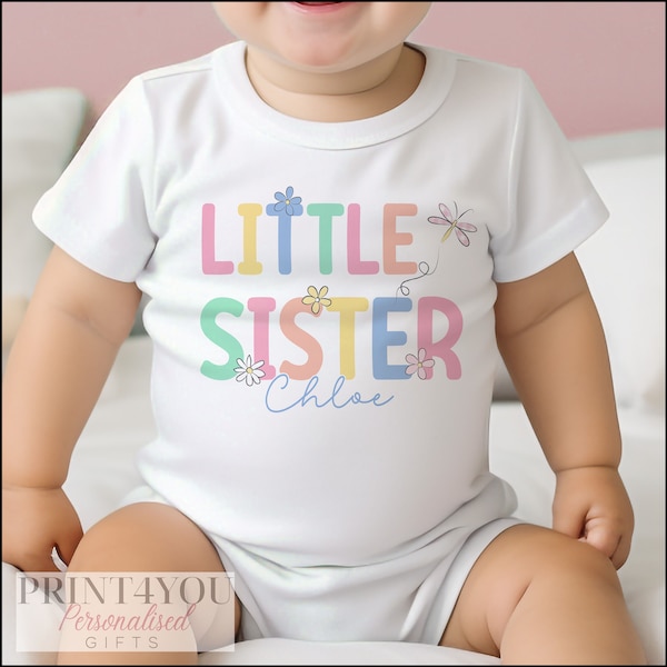 Little Sister Personalised Vest, Sleepsuit Baby grow Bodysuit T-shirt, New Sister Gift, Sibling matching T-shirts