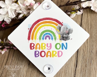 Baby on Board Aluminium Car Window Safety Sign | Polite Driver Notice | Kids Car Accessories |  Rainbow and Elephant Design