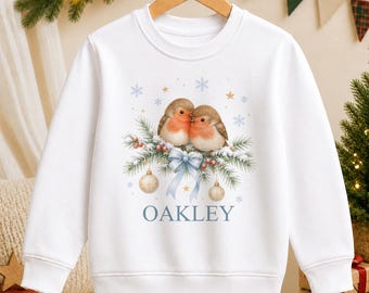 Personalised Two Robins Christmas Jumper for Kids, Name Sweatshirt or T-Shirt, Baby Toddler Christmas Top, Xmas Jumper Day Outfit