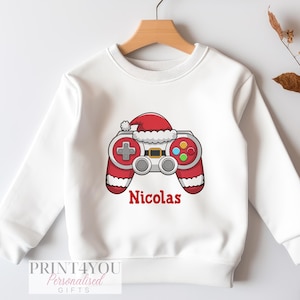 Personalised Gaming Christmas Jumper For Children.  White Cotton Sweatshirt - Santa Gaming Controller, Xmas Jumper Day