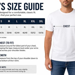 The image is a men's size guide, which provides measurements and guidelines for finding the perfect fit for a t-shirt.