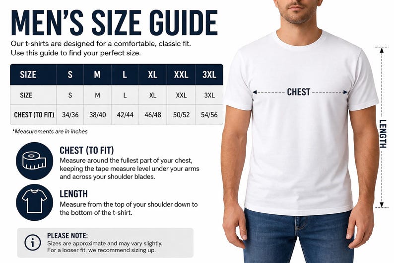 The image is a men's size guide, which provides measurements and guidelines for finding the perfect fit for a t-shirt.