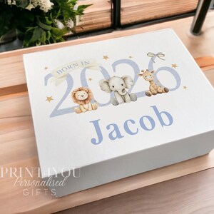 Blue Safari Animals Magnetic Closure Box: Custom Name Keepsake, Baby Milestone Memory | Durable White, Smooth Finish | Medium-Large Sizes