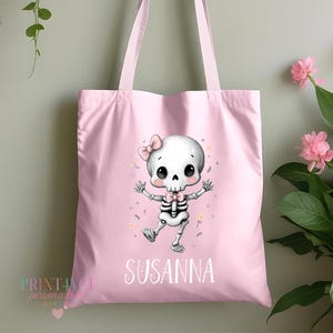 Borsa tote personalizzata con scheletro rosa e grazioso fiocco