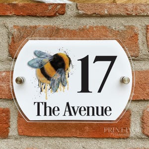 Personalised Acrylic External Door Number Plates Plaques Dripping FLuffy Bumble Bee