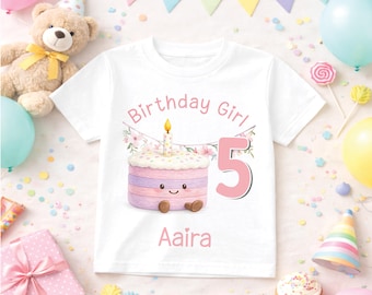 Camiseta de cumpleaños para niña con estampado de pastel en tonos pastel: Nombre y número personalizados, algodón, tejido suave y transpirable / Edades de 1 a 10 años, conjunto para fiesta.