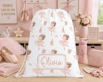 Personalised Ballerina PE Bag, Custom Name Drawstring Bag, Girls Dance Bag, School Gym Bag, Ballet Nursery Bag, Back to School Gift