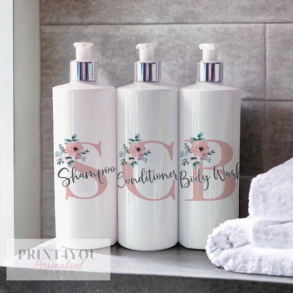 500ml UV PRINTED white Bathroom Shampoo Conditioner Body Wash bottles Pink Floral Letter, Gift for Her