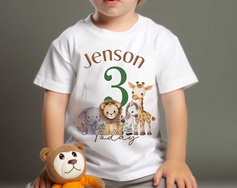 Children's White Cotton Personalised  Birthday T-shirt - Safari Design, Name is ONE First Birthday, Two Three Four Five Sixth Birthday