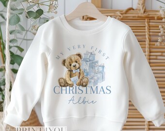 Personalised Baby's First Christmas Sweatshirt: White Cotton, Teddy Bear Design