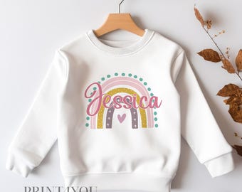 Personalisierte Sweatshirt Pullover für Kinder.  Weißes Baumwoll Sweatshirt - Gedruckt Pastell Regenbogen und Name