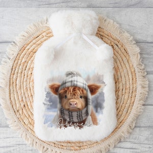 Personalised Hot Water Bottle, Christmas Gift Ideas, Highland Cow Image