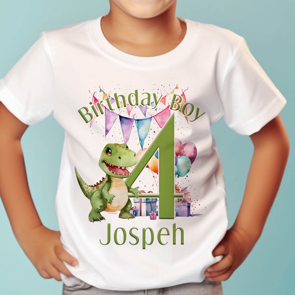 Personalised T-rex Dinosaur Birthday T-Shirt ANY AGE - Cotton White Top, Any Age, Dino Trex Party Top