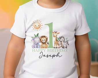 Personalised Safari First Birthday T-shirt, Sleepsuit, Vest or Long Sleeve T-shirt, Green Text