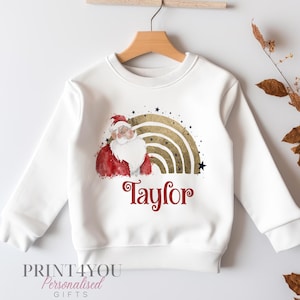Personalised Christmas Jumper For Children.  White Cotton Sweatshirt - Santa and Rainbow PRINTED