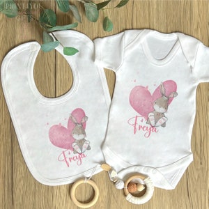 Personalised Baby White Body suit, Sleepsuit & vest, New Baby Gift Set, Girls Soft Pink Heart Bunny Rabbit