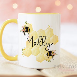 Yellow Trim Bumble Bee honeycomb Personalised gift mug | Friendship | Grandparents | Bee Keeper | friendship Present