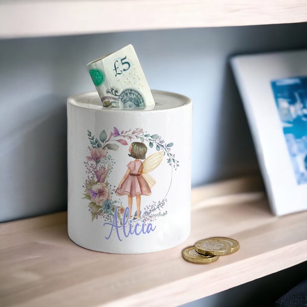 Personalised Ceramic White Money Box Coin Bank - Fairy Floral Wreath, New Baby Gift, First Birthday, Christening Gift