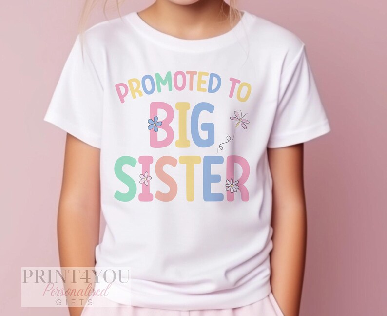Big Sister T-Shirt - Personalised Pastel Heart Kids Tee - Soft Cotton Fabric, White Top, Pregnancy Announcement Wear image 3
