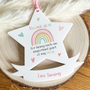 Personalised Star Keepsake Gift – Thank You Ornament with Rainbow – Teacher Gift, Nursery, Acrylic Star Token – Important Story Gift