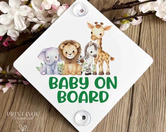 Baby on Board Aluminium Car Window Safety Sign | Polite Driver Notice | Kids Car Accessories |  Safari Jungle Animals