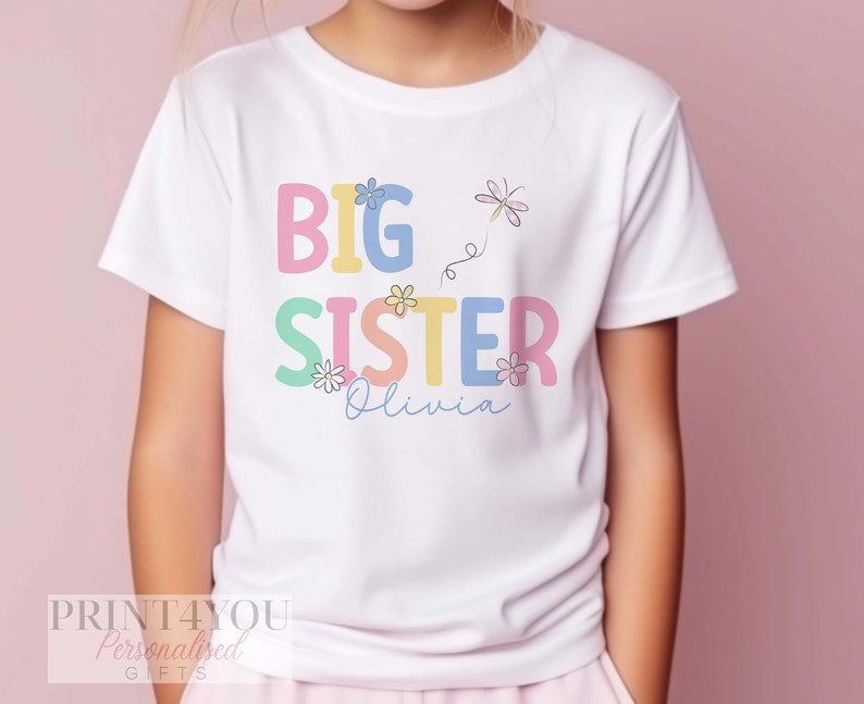 Promoted to Big Sister Heart Design White Personalised Cotton T-Shirt, Big Sister Top, Big Sister Gift, Pregnancy Announcement, Pastel Color image 5