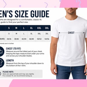 The image is a men's size guide, which provides measurements and guidelines for finding the perfect fit for a t-shirt.