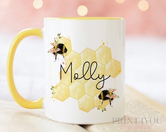 Personalised Bumble Bee Mug: Yellow Honeycomb Theme, Ceramic Drinkware (Gift Under 10, Teacher Present, Hand Wash Only)
