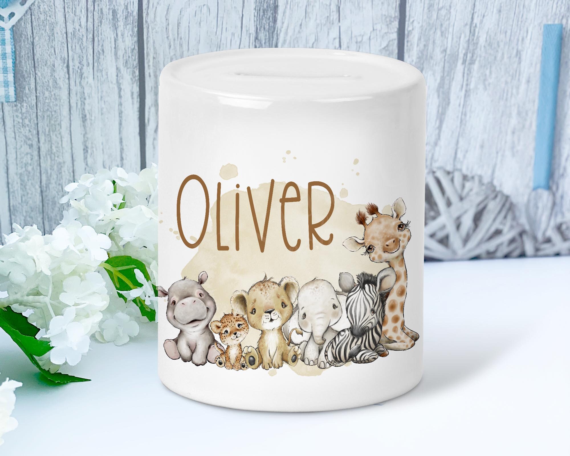 Personalised Ceramic White Money Box Coin Bank Mixed Safari Etsy