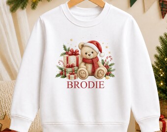 Personalised Cosy Scarf Teddy Christmas Jumper for Kids, Name Sweatshirt or T-Shirt, Baby Toddler Christmas Top, Xmas Jumper Day Outfit