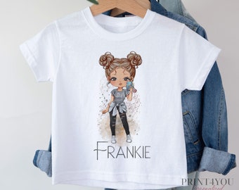 Children's White Cotton Personalised T-shirt - Fashion Girl Variations with Phone and handbag