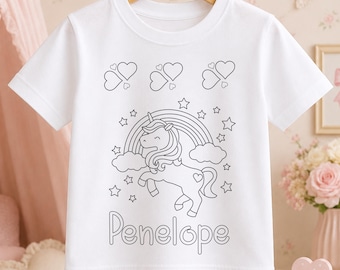 Personalised Unicorn Colour In T-Shirt, Kids Colouring Activity Tee with Washable Pens, Custom Name Party Gift
