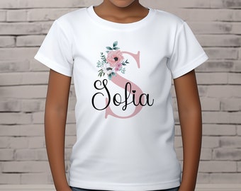 Children's White Cotton Personalised T-shirt - Pink Alphabet Letter