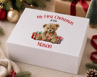 My First Christmas 2026 Keepsake Box, Personalised Baby 1st Christmas Gift, Teddy Bear Memory Box, White Magnetic Lid, New Baby Present