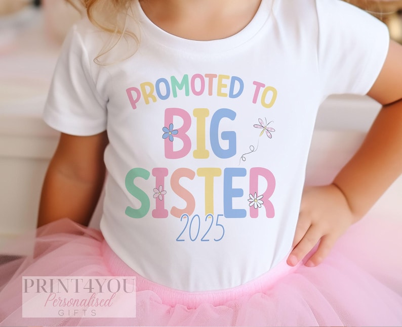 Big Sister T-Shirt - Personalised Pastel Heart Kids Tee - Soft Cotton Fabric, White Top, Pregnancy Announcement Wear image 2