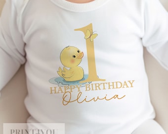 Personalised First Birthday One T-shirt, Sleepsuit and vest, Yellow Rubber Duck First Birthday Outfit.