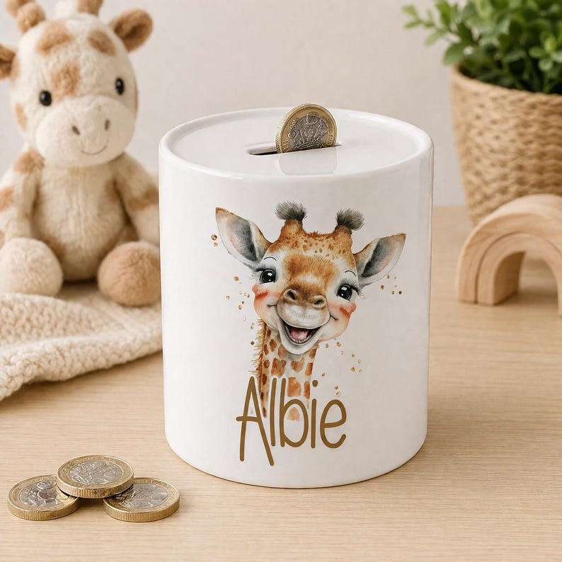 Personalised Giraffe Ceramic Money Box – Custom Name Kids Savings Bank, Nursery Decor image 1
