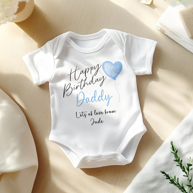 Happy Birthday Daddy Baby Bodysuit: Personalised First Birthday Keepsake, Cotton Softwear (Newborn-18 Months, Blue Heart Elephant) image 2