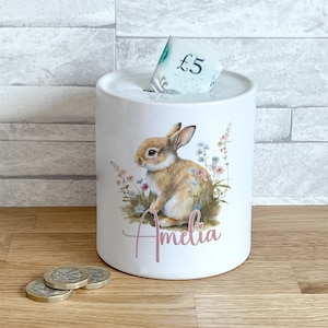 Personalised Ceramic White Money Box Coin Bank - Rabbit with Flowers