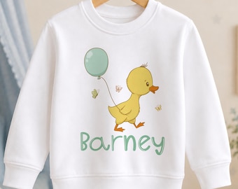 Personalised Sweatshirt Jumper For Children.  White Cotton Sweatshirt - Yellow Duck with Balloon and name